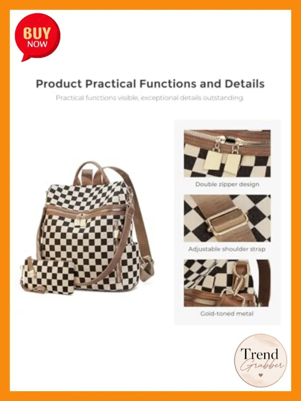 Checkered Canvas PU Backpack Purse for Women, 13.7